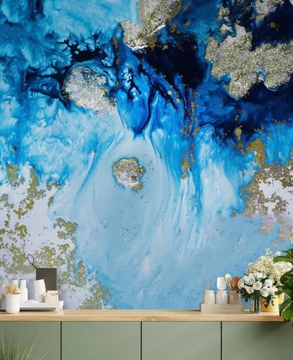 blue and gold custom wall mural called Blue Haven Reef for bathrooms and bedrooms