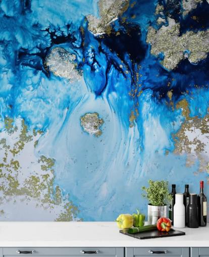 fresque murale personnalisée bleue et dorée appelée Blue Haven Reef pour les salles de bain et les chambres