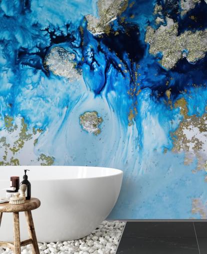 fresque murale personnalisée bleue et dorée appelée Blue Haven Reef pour les salles de bain et les chambres