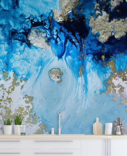 maßgefertigtes Wandbild in Blau und Gold namens Blue Haven Reef für Badezimmer und Schlafzimmer