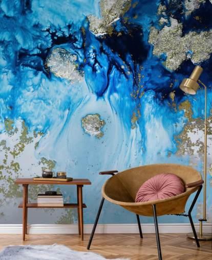 mural de pared personalizado azul y dorado llamado Blue Haven Reef para baños y dormitorios mural de pared personalizado azul y dorado llamado Blue Haven Reef para baños y dormitorios