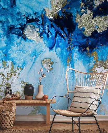 mural de parede personalizado azul e dourado chamado Blue Haven Reef para banheiros e quartos