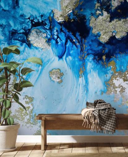 maßgefertigtes Wandbild in Blau und Gold namens Blue Haven Reef für Badezimmer und Schlafzimmer