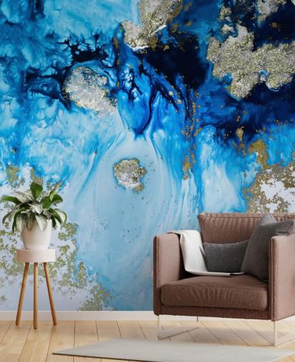 blauwe en gouden muurschildering op maat genaamd Blue Haven Reef voor badkamers en slaapkamers