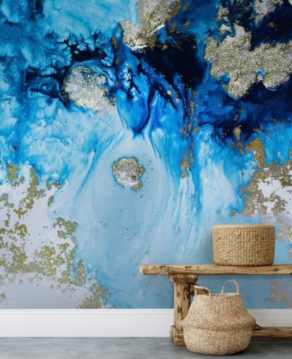 blauwe en gouden muurschildering op maat genaamd Blue Haven Reef voor badkamers en slaapkamers