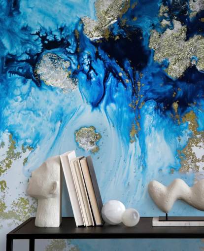 blauwe en gouden muurschildering op maat genaamd Blue Haven Reef voor badkamers en slaapkamers