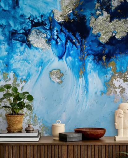 mural de parede personalizado azul e dourado chamado Blue Haven Reef para banheiros e quartos mural de parede personalizado azul e dourado chamado Blue Haven Reef para banheiros e quartos