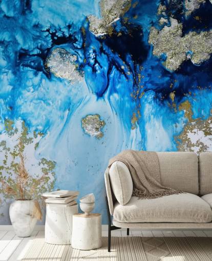 maßgefertigtes Wandbild in Blau und Gold namens Blue Haven Reef für Badezimmer und Schlafzimmer