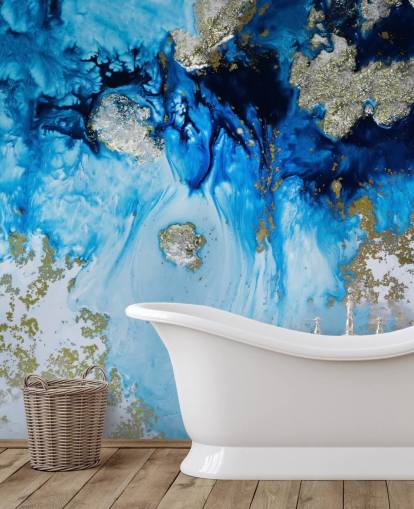 murale personalizzato blu e oro chiamato Blue Haven Reef per bagni e camere da letto
