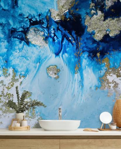 mural de pared personalizado azul y dorado llamado Blue Haven Reef para baños y dormitorios mural de pared personalizado azul y dorado llamado Blue Haven Reef para baños y dormitorios