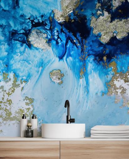 mural de parede personalizado azul e dourado chamado Blue Haven Reef para banheiros e quartos mural de parede personalizado azul e dourado chamado Blue Haven Reef para banheiros e quartos