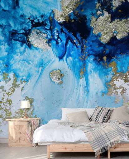 blått og gull tilpasset veggmaleri kalt Blue Haven Reef for bad og soverom blått og gull tilpasset veggmaleri kalt Blue Haven Reef for bad og soverom