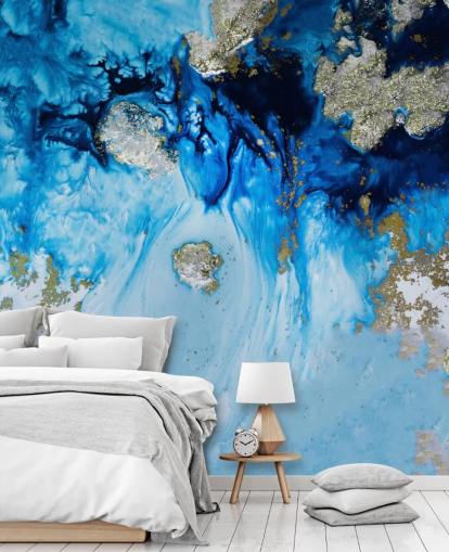 blå och guld anpassad väggmålning som heter Blue Haven Reef för badrum och sovrum blå och guld anpassad väggmålning som heter Blue Haven Reef för badrum och sovrum