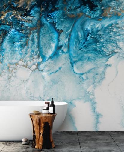 fresque murale abstraite personnalisable bleue, dorée et blanche intitulée Coastal Blues par Petra Meikle De Vlas