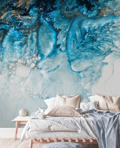 fresque murale abstraite personnalisable bleue, dorée et blanche intitulée Coastal Blues par Petra Meikle De Vlas fresque murale abstraite personnalisable bleue, dorée et blanche intitulée Coastal Blues par Petra Meikle De Vlas