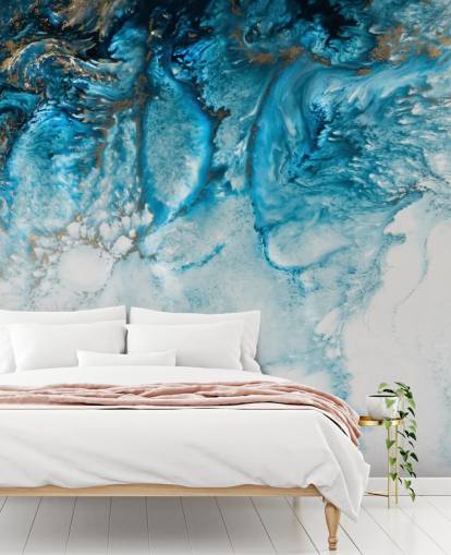 blue, gold and white customisable abstract ocean wall mural called Coastal Blues by Petra Meikle De Vlas