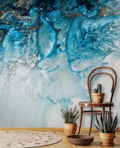 fresque murale abstraite personnalisable bleue, dorée et blanche intitulée Coastal Blues par Petra Meikle De Vlas fresque murale abstraite personnalisable bleue, dorée et blanche intitulée Coastal Blues par Petra Meikle De Vlas