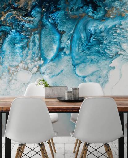 blue, gold and white customisable abstract ocean wall mural called Coastal Blues by Petra Meikle De Vlas