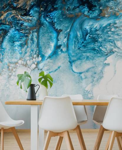 blauwe, gouden en witte aanpasbare abstracte oceaanmuurschildering genaamd Coastal Blues van Petra Meikle De Vlas blauwe, gouden en witte aanpasbare abstracte oceaanmuurschildering genaamd Coastal Blues van Petra Meikle De Vlas