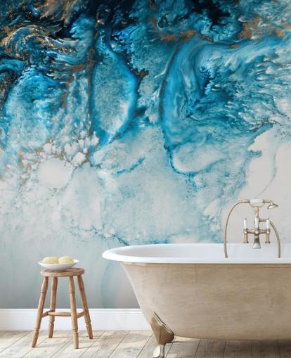 blue, gold and white customizable abstract ocean wall mural called Coastal Blues by Petra Meikle De Vlas