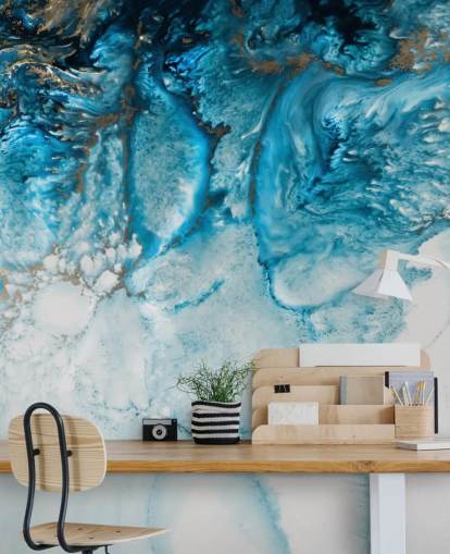 mural de pared oceánico abstracto personalizable en azul, dorado y blanco llamado Coastal Blues de Petra Meikle De Vlas