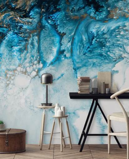 personalisierbares abstraktes Ozean-Wandbild in Blau, Gold und Weiß namens Coastal Blues von Petra Meikle De Vlas