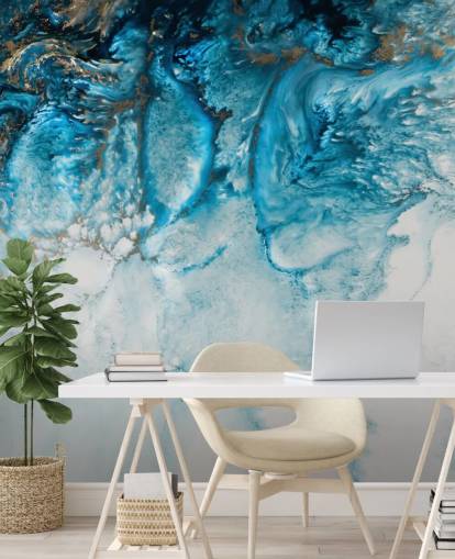 blue, gold and white customisable abstract ocean wall mural called Coastal Blues by Petra Meikle De Vlas