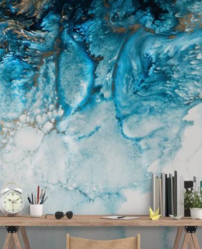 blauwe, gouden en witte aanpasbare abstracte oceaanmuurschildering genaamd Coastal Blues van Petra Meikle De Vlas blauwe, gouden en witte aanpasbare abstracte oceaanmuurschildering genaamd Coastal Blues van Petra Meikle De Vlas