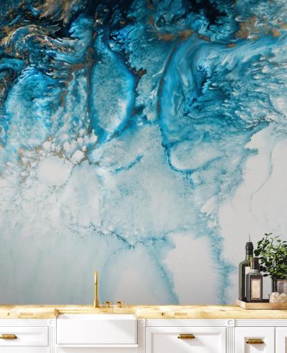 blue, gold and white customisable abstract ocean wall mural called Coastal Blues by Petra Meikle De Vlas