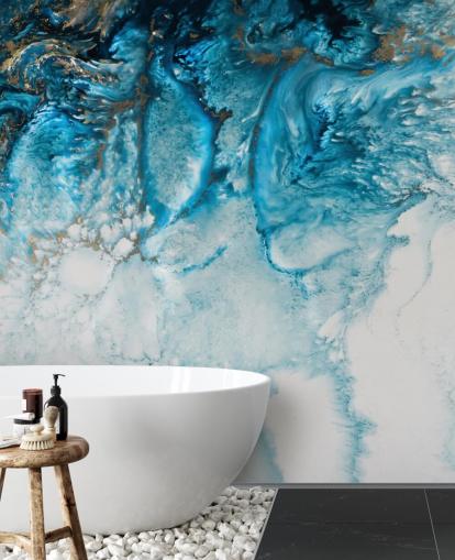 personalisierbares abstraktes Ozean-Wandbild in Blau, Gold und Weiß namens Coastal Blues von Petra Meikle De Vlas personalisierbares abstraktes Ozean-Wandbild in Blau, Gold und Weiß namens Coastal Blues von Petra Meikle De Vlas