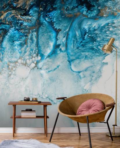 blue, gold and white customisable abstract ocean wall mural called Coastal Blues by Petra Meikle De Vlas