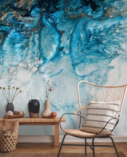 mural de parede oceânica abstrato personalizável em azul, dourado e branco chamado Coastal Blues de Petra Meikle De Vlas