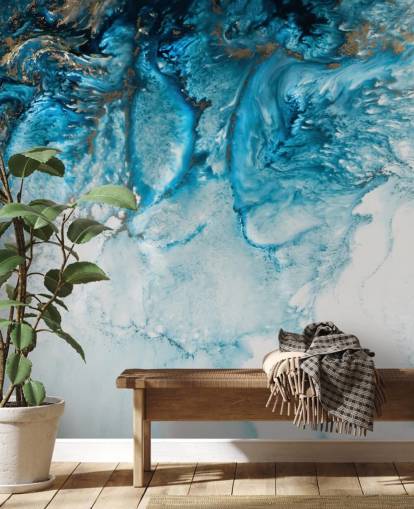 blue, gold and white customisable abstract ocean wall mural called Coastal Blues by Petra Meikle De Vlas