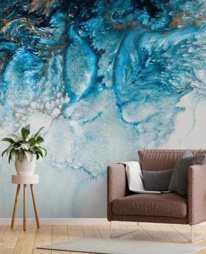 mural de pared oceánico abstracto personalizable en azul, dorado y blanco llamado Coastal Blues de Petra Meikle De Vlas