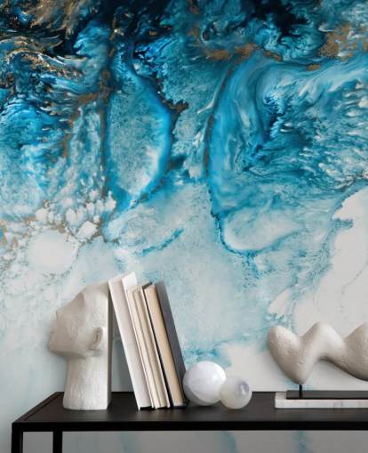 mural de pared oceánico abstracto personalizable en azul, dorado y blanco llamado Coastal Blues de Petra Meikle De Vlas mural de pared oceánico abstracto personalizable en azul, dorado y blanco llamado Coastal Blues de Petra Meikle De Vlas