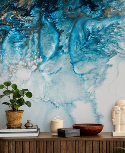 mural de pared oceánico abstracto personalizable en azul, dorado y blanco llamado Coastal Blues de Petra Meikle De Vlas