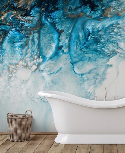 mural de pared oceánico abstracto personalizable en azul, dorado y blanco llamado Coastal Blues de Petra Meikle De Vlas