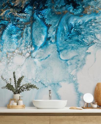 blue, gold and white customisable abstract ocean wall mural called Coastal Blues by Petra Meikle De Vlas