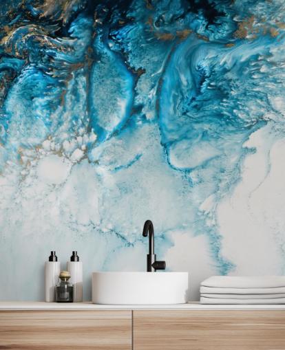 mural de pared oceánico abstracto personalizable en azul, dorado y blanco llamado Coastal Blues de Petra Meikle De Vlas