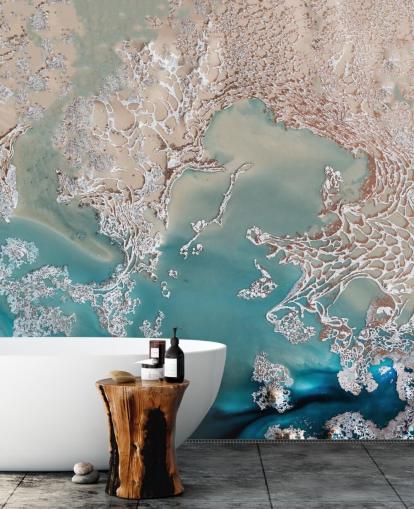 Maßgeschneidertes abstraktes Wandbild aus Roségold und Blau namens Coastal Harmony von Petra Meikle de Vlas