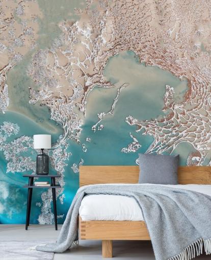 mural de pared abstracto personalizado en oro rosa y azul llamado Coastal Harmony de Petra Meikle de Vlas