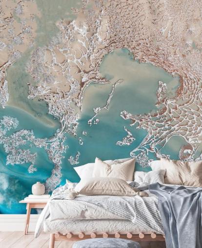 mural de pared abstracto personalizado en oro rosa y azul llamado Coastal Harmony de Petra Meikle de Vlas