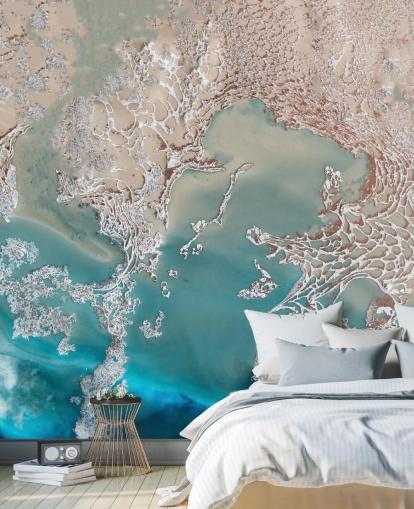 mural de pared abstracto personalizado en oro rosa y azul llamado Coastal Harmony de Petra Meikle de Vlas