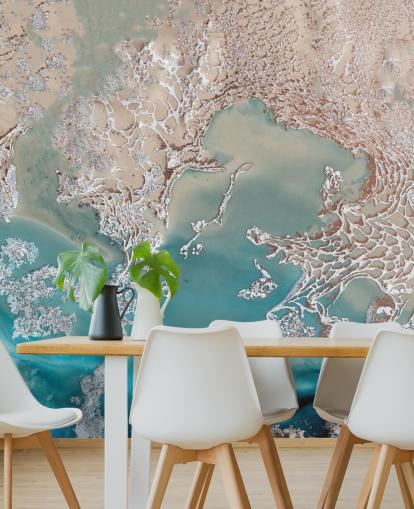 mural de pared abstracto personalizado en oro rosa y azul llamado Coastal Harmony de Petra Meikle de Vlas