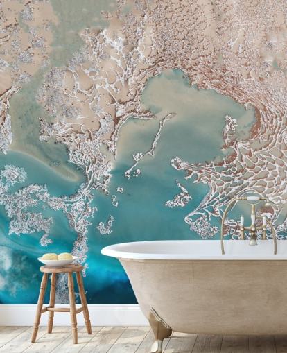 mural de pared abstracto personalizado en oro rosa y azul llamado Coastal Harmony de Petra Meikle de Vlas