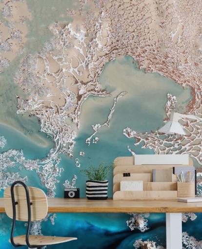 Maßgeschneidertes abstraktes Wandbild aus Roségold und Blau namens Coastal Harmony von Petra Meikle de Vlas