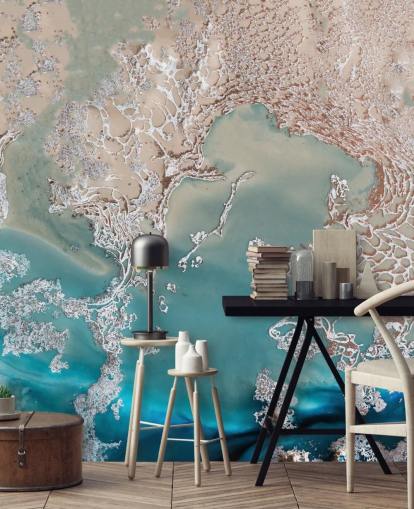 roségouden en blauwe op maat gemaakte abstracte muurschildering genaamd Coastal Harmony van Petra Meikle de Vlas