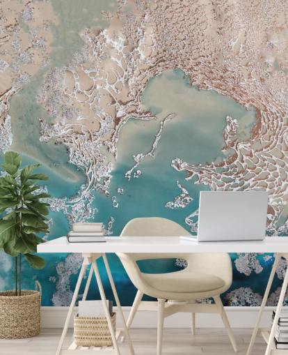 mural de pared abstracto personalizado en oro rosa y azul llamado Coastal Harmony de Petra Meikle de Vlas