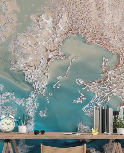 roségouden en blauwe op maat gemaakte abstracte muurschildering genaamd Coastal Harmony van Petra Meikle de Vlas roségouden en blauwe op maat gemaakte abstracte muurschildering genaamd Coastal Harmony van Petra Meikle de Vlas