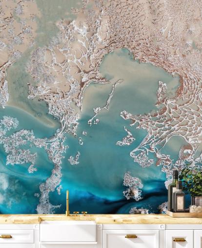 fresque murale abstraite personnalisée en or rose et bleu appelée Coastal Harmony par Petra Meikle de Vlas